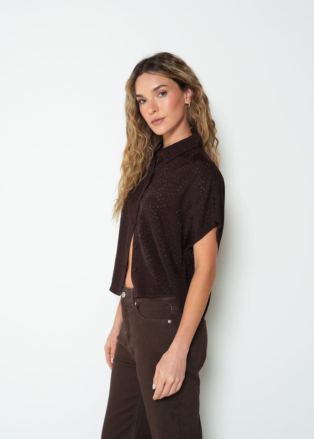 Camisa oversize manga corta puntos - Cafe 14_013H323_CAF190915_5