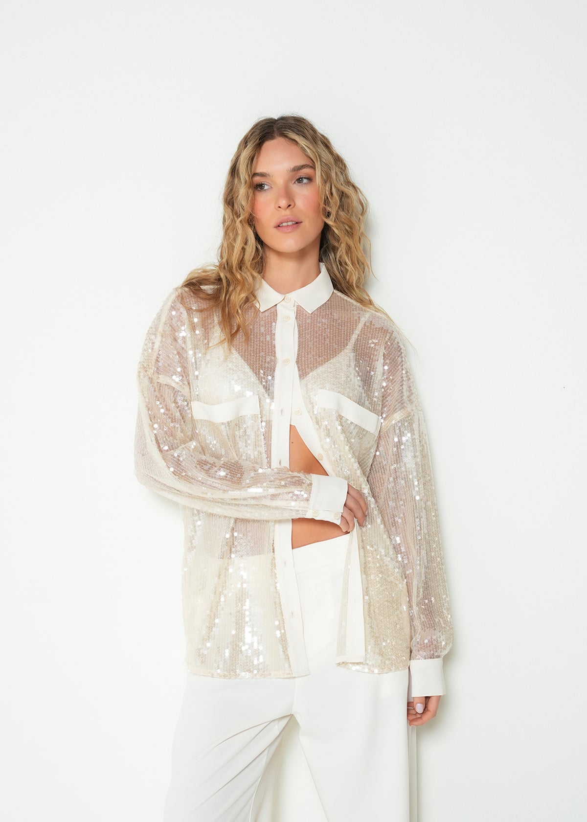 Camisa regular manga larga clásico lentejuelas - Beige 14_213H312_BEI141107_0