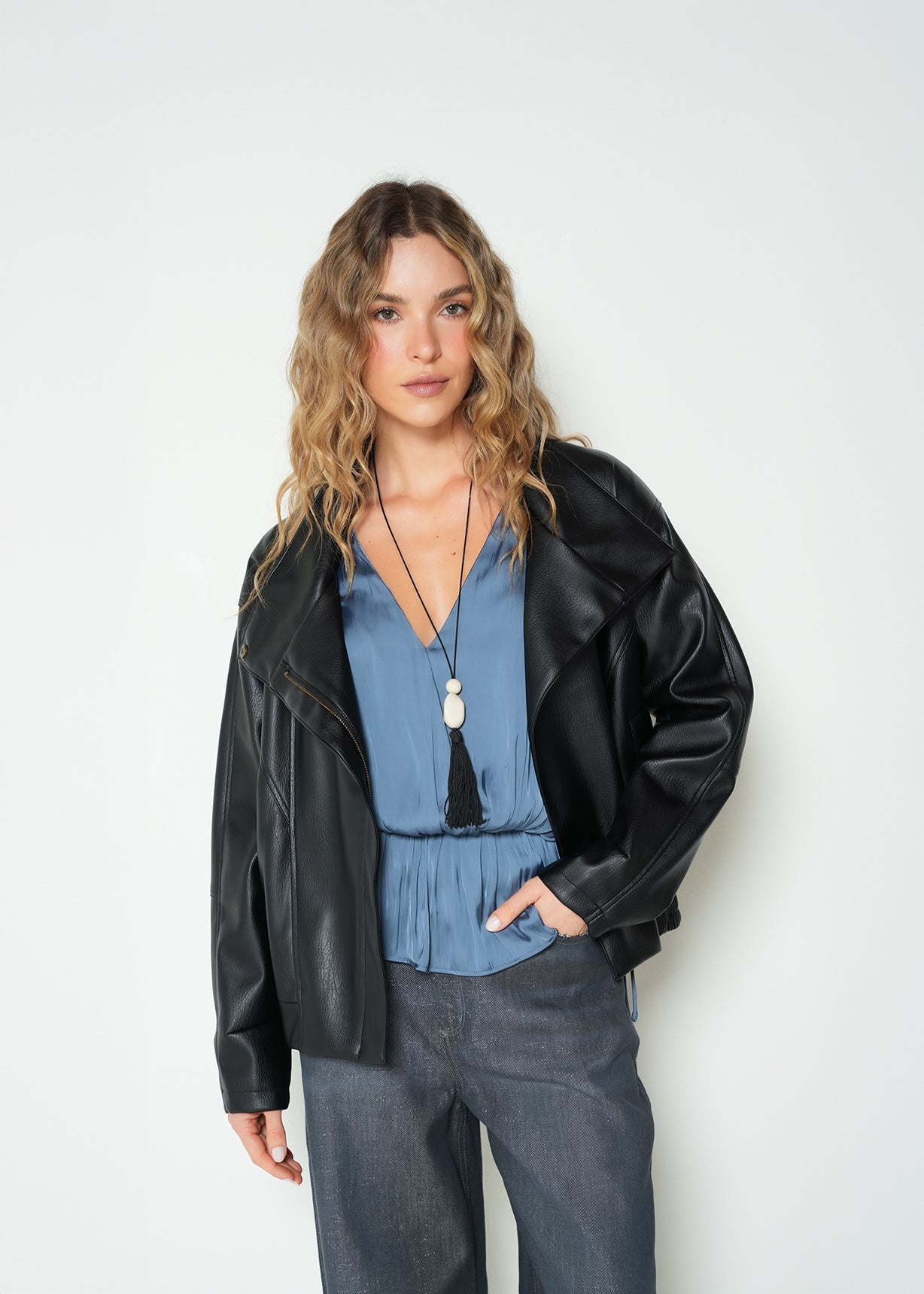 Chaqueta biker manga larga cuello alto - Negro 14_223H096_NEG193909_0