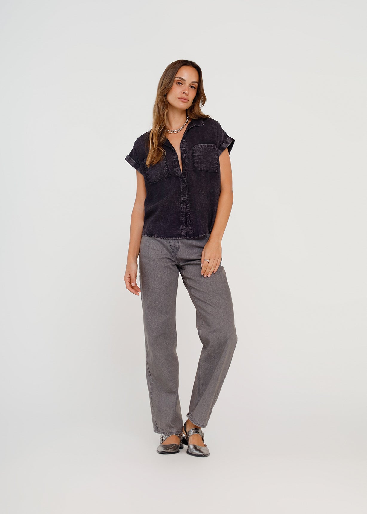 Camisa en tipo denim manga corta - Negro 14_415H010_NEG193909_3