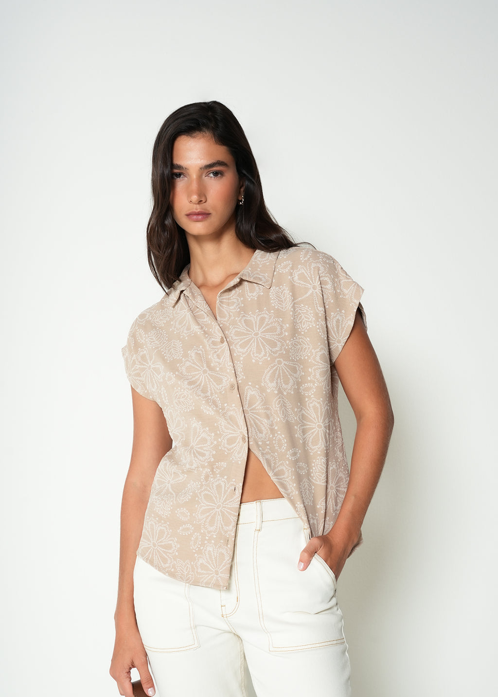 Camisa manga corta con bordado - Cafe 14_415H040_CAF161211_0