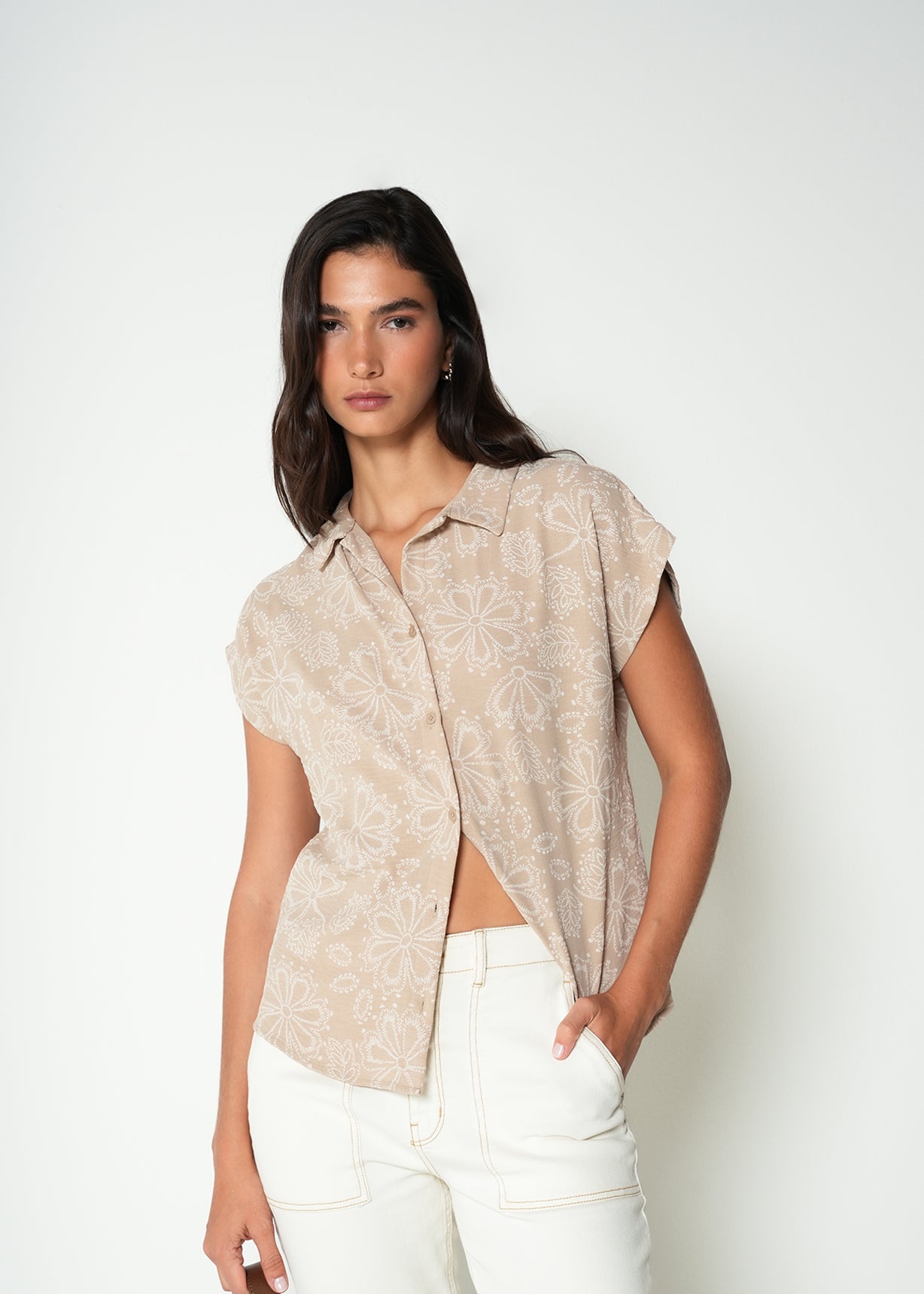 Camisa manga corta con bordado - Cafe 14_415H040_CAF161211_0