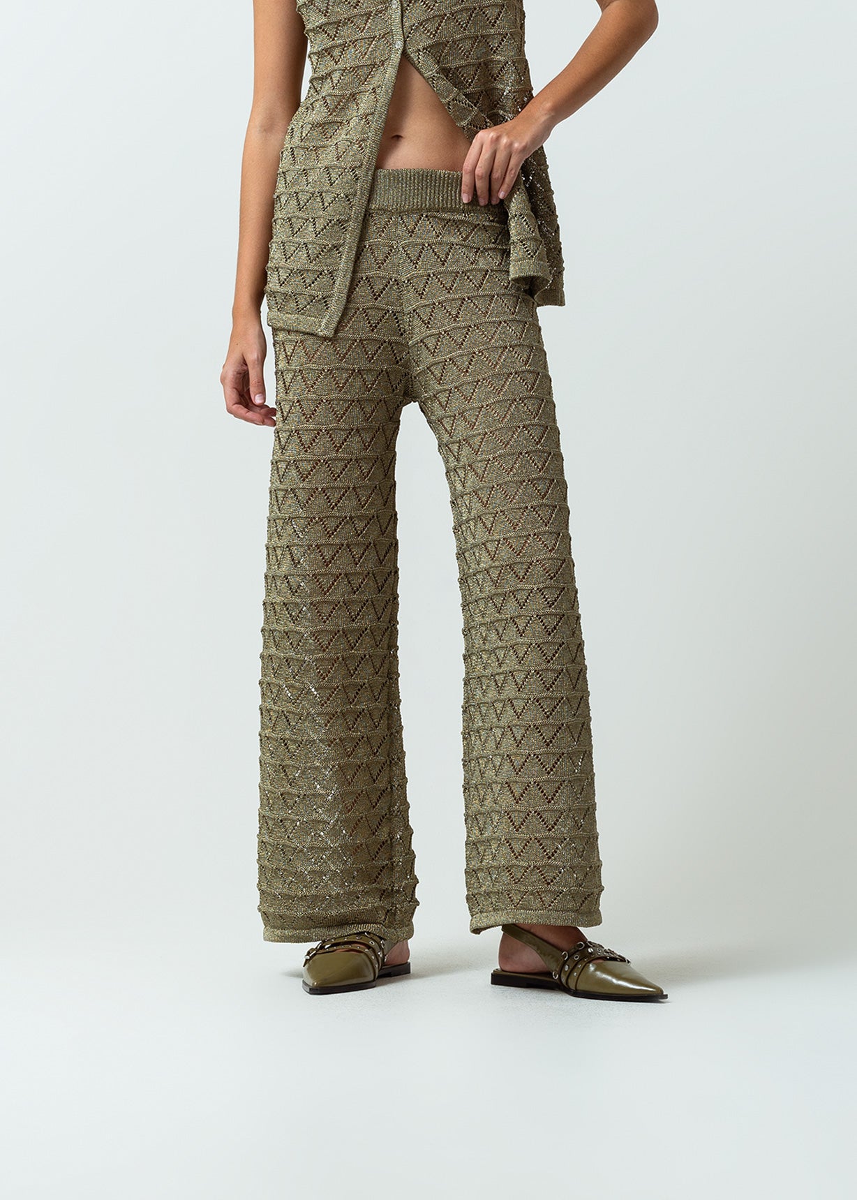 Pantalón tejido Palazzo tiro medio con efecto brillo - Verde 14_432G006_VER190515_0