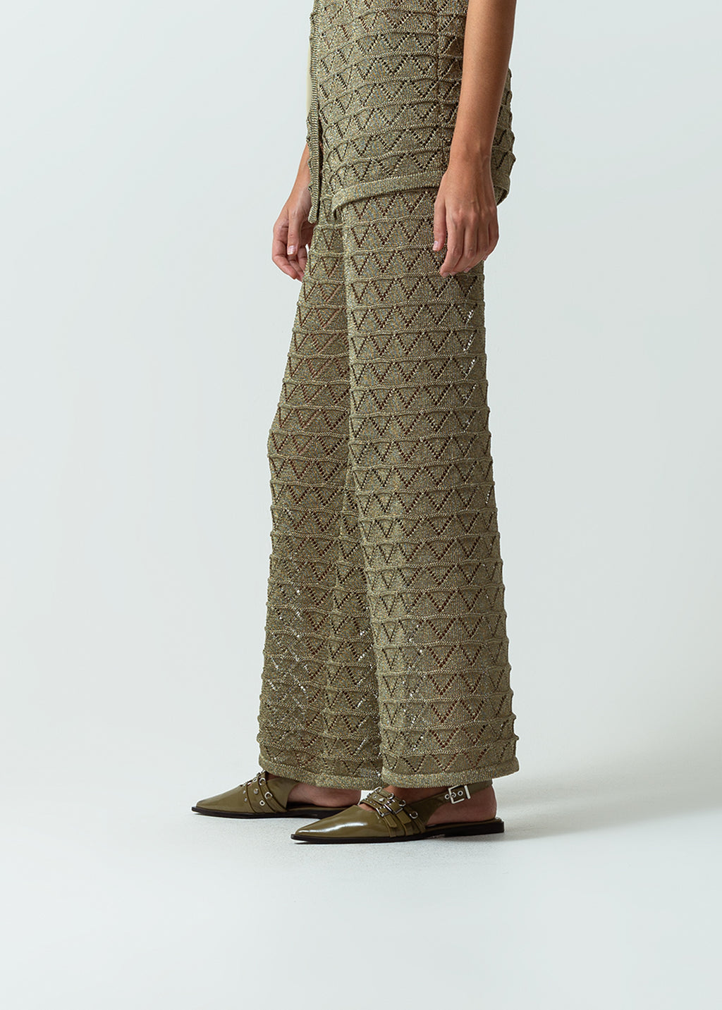 Pantalón tejido Palazzo tiro medio con efecto brillo - Verde 14_432G006_VER190515_3