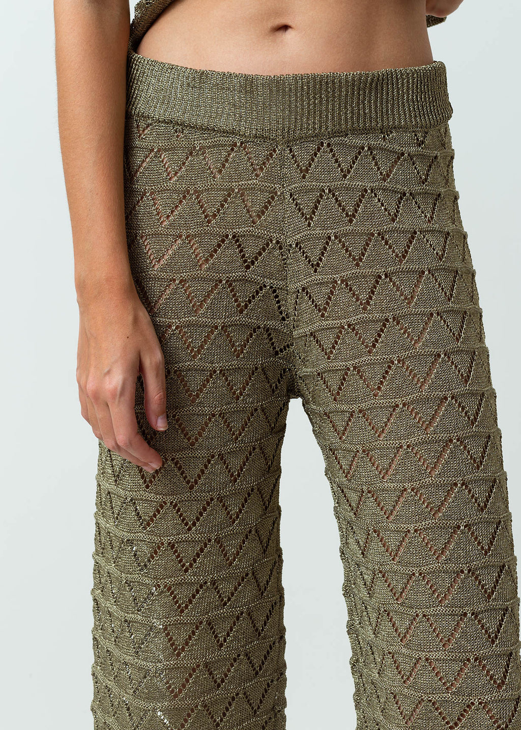Pantalón tejido Palazzo tiro medio con efecto brillo - Verde 14_432G006_VER190515_4
