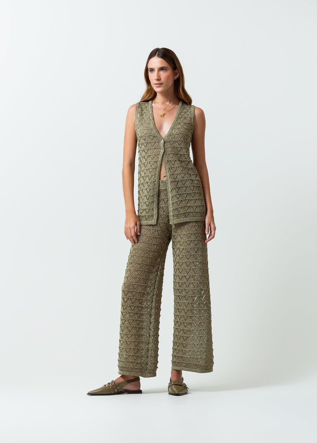 Pantalón tejido Palazzo tiro medio con efecto brillo - Verde 14_432G006_VER190515_5