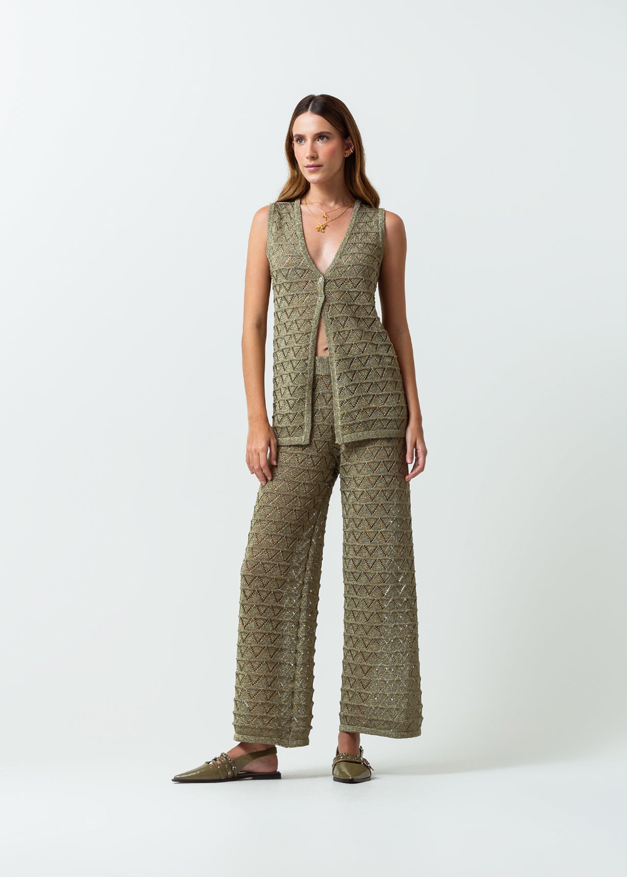 Pantalón tejido Palazzo tiro medio con efecto brillo - Verde 14_432G006_VER190515_5