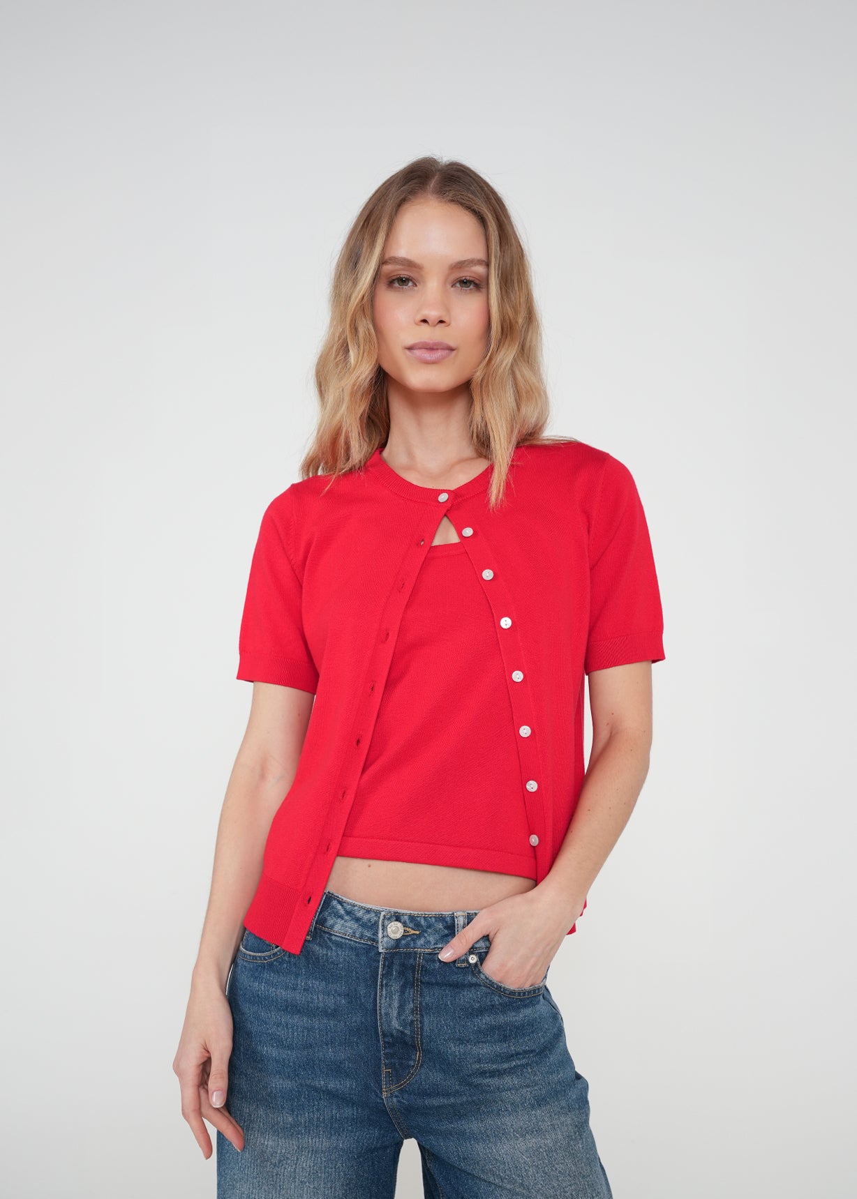 Camiseta tejida con botones - Rojo 14_482H045_ROJ181563_0