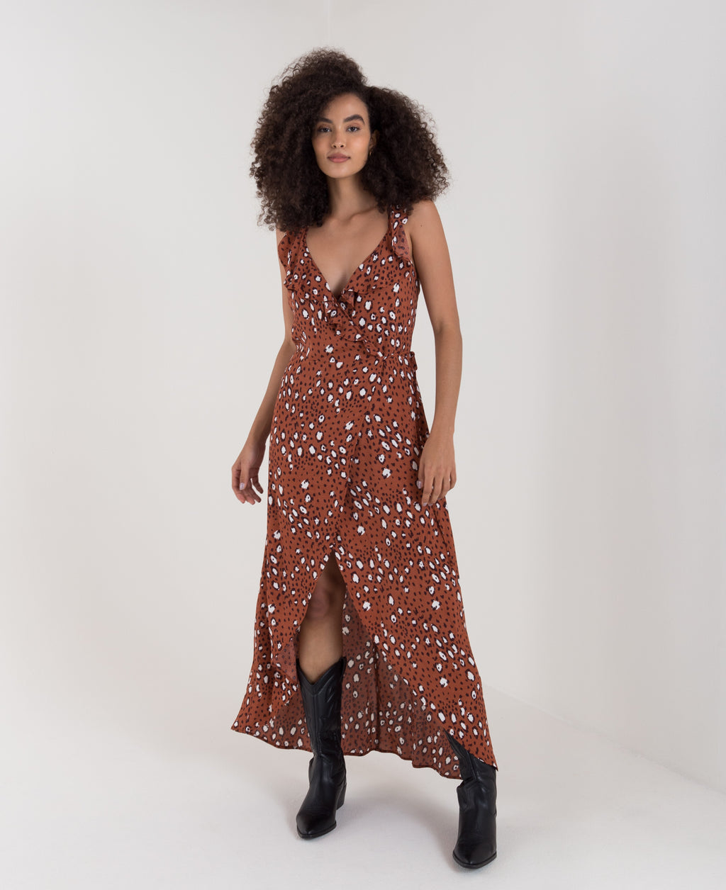 Vestido midi para mujer naranja de tiras con abertura en el frente y estampado animal print - Naranja 14_572D314_A04311_0