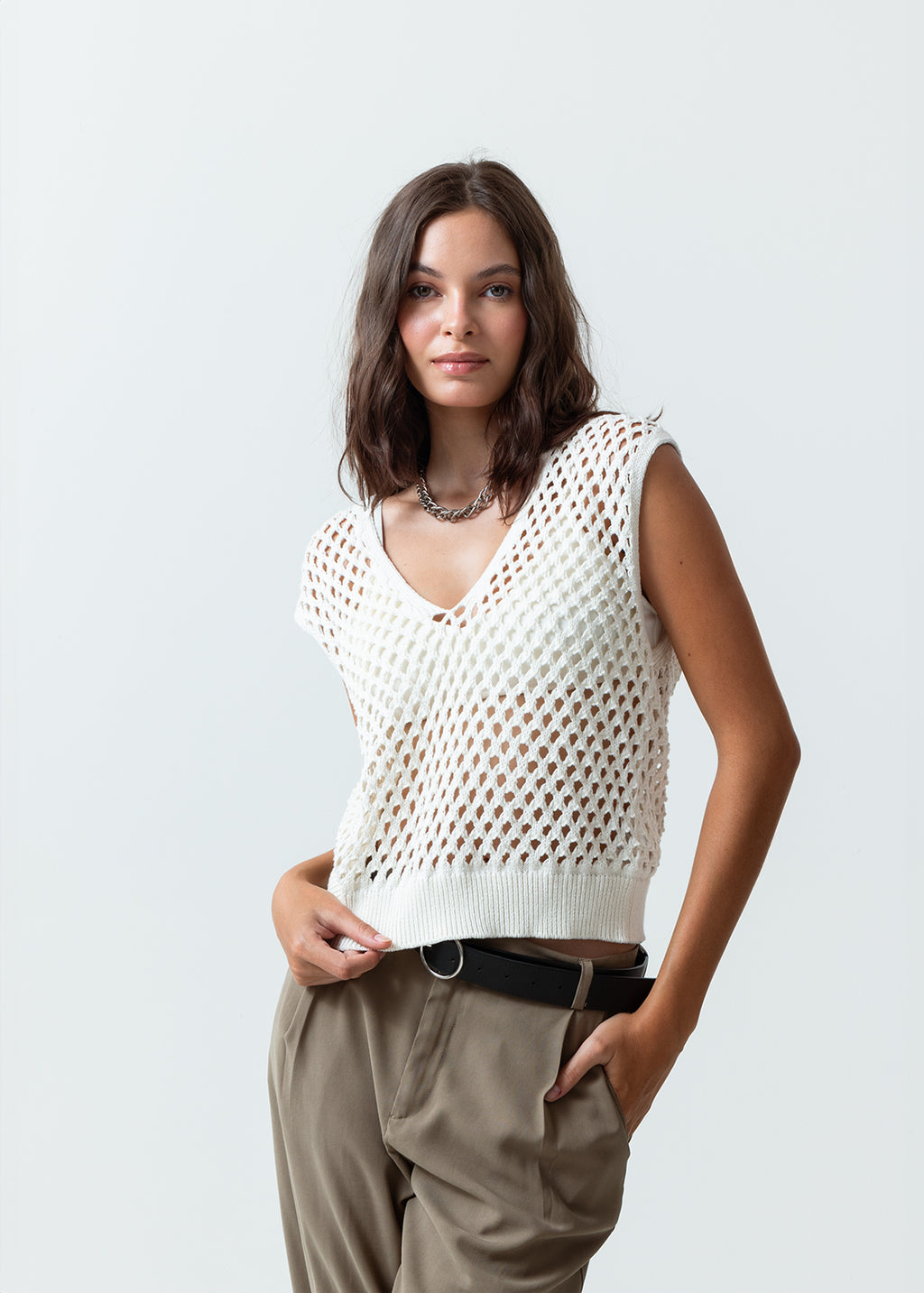 Camisa tejida de cuello en V - Crudo 14_589F003_CRU110605_0