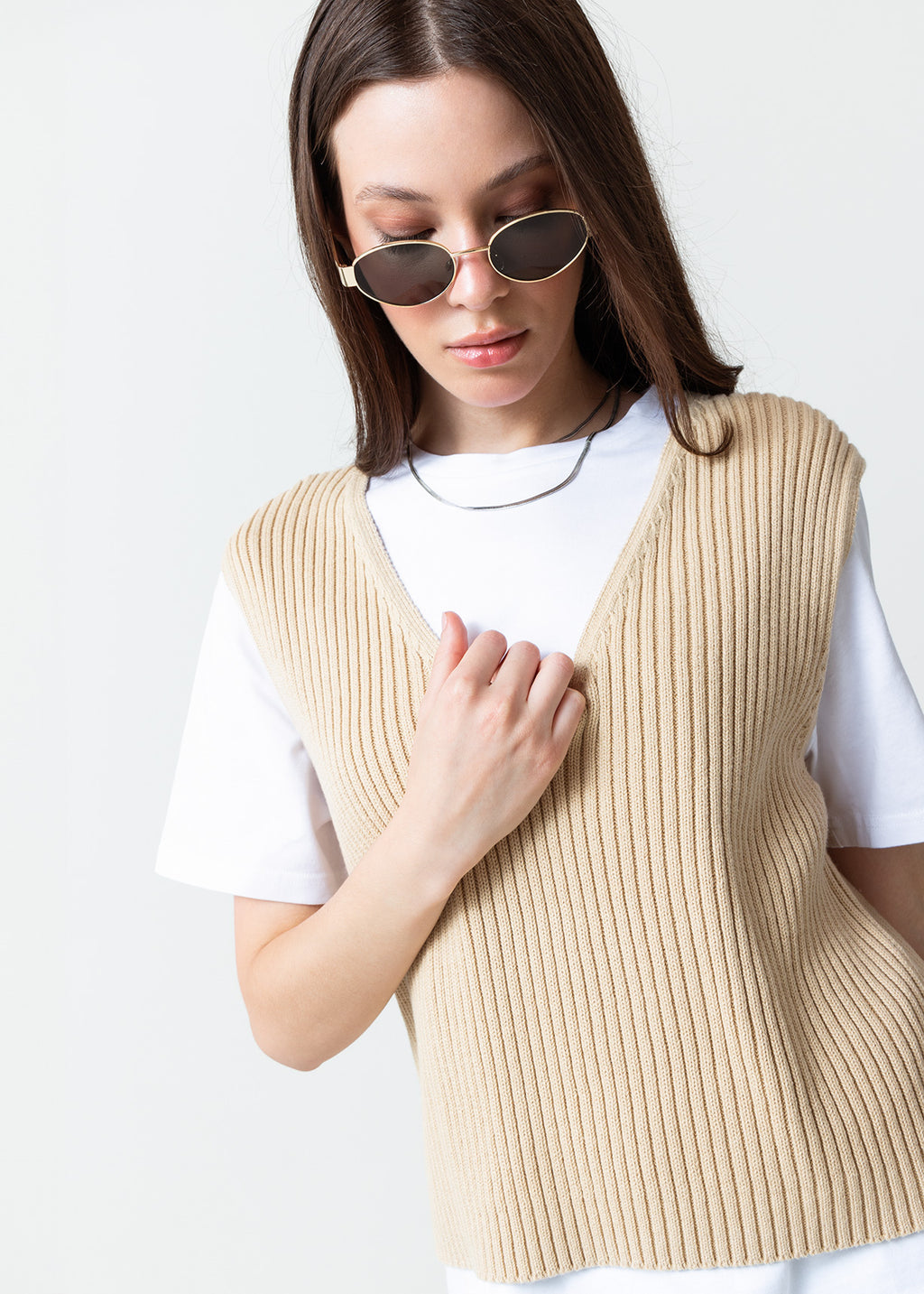 Camisa tejida cuello en V - Beige 14_589F008_BEI151217_0
