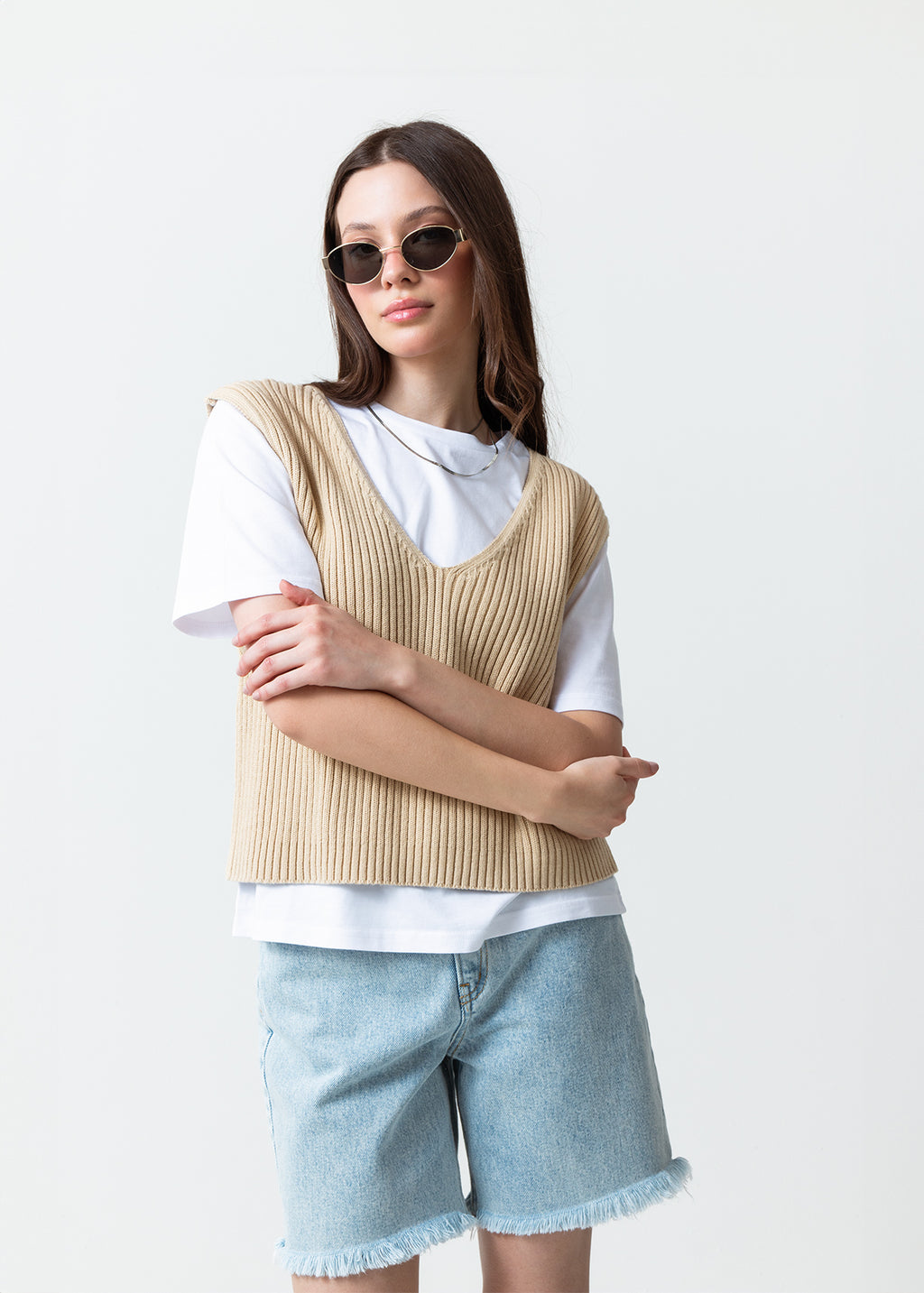 Camisa tejida cuello en V - Beige 14_589F008_BEI151217_6