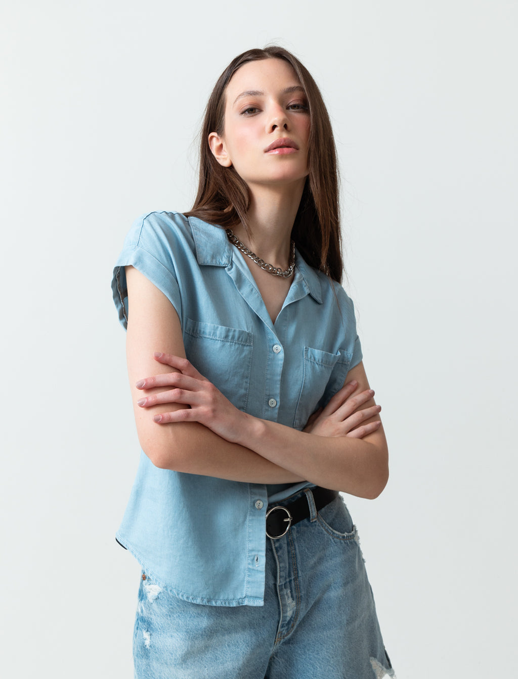 Camisa para mujer azul manga corta Martina en Lyocell infaltable - Azul 14_710C509_AZU183928_0