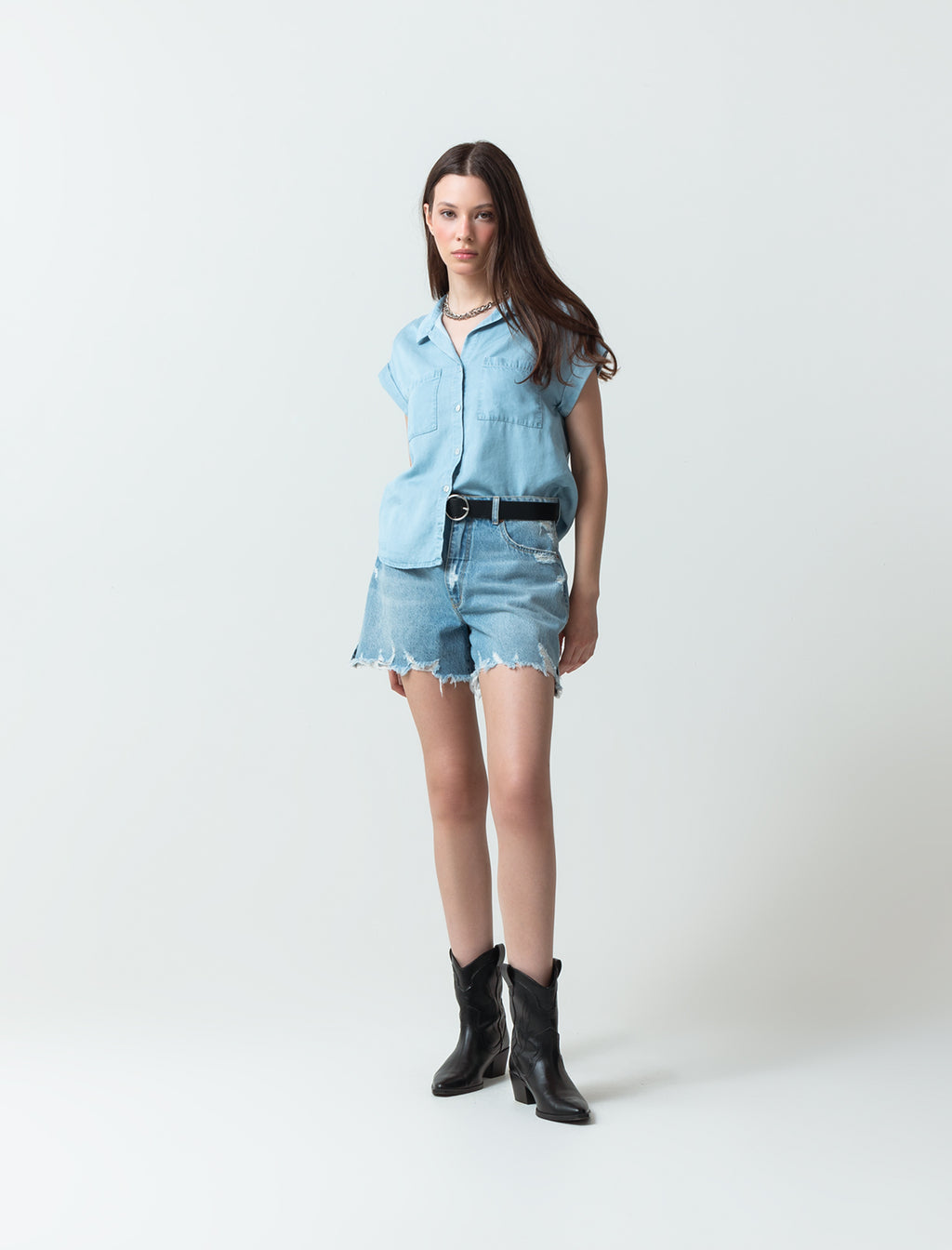 Camisa para mujer azul manga corta Martina en Lyocell infaltable - Azul 14_710C509_AZU183928_3